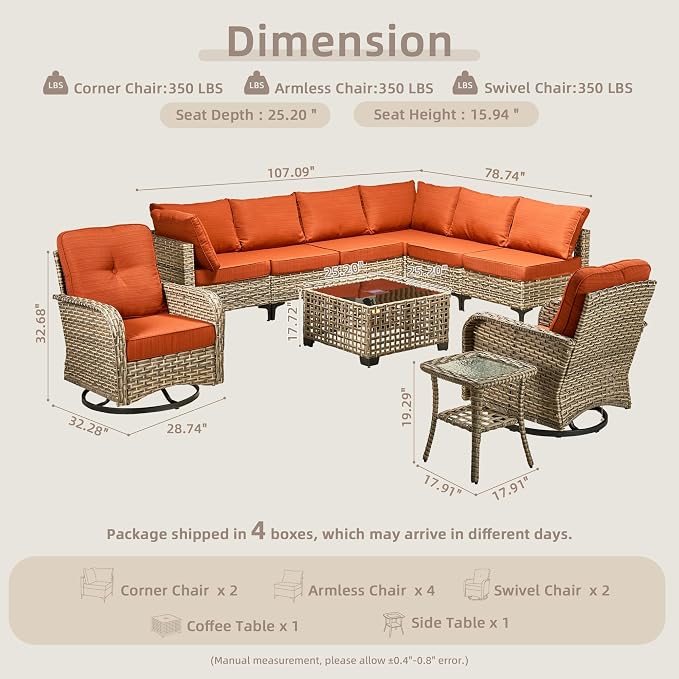 CAODOC Outdoor Sectional Patio Furniture Set,10 Pieces Wicker Conversation Sets L Shaped Couch,Out Door Sofa Outside Furniture with Swivel Chairs,Red-Striped