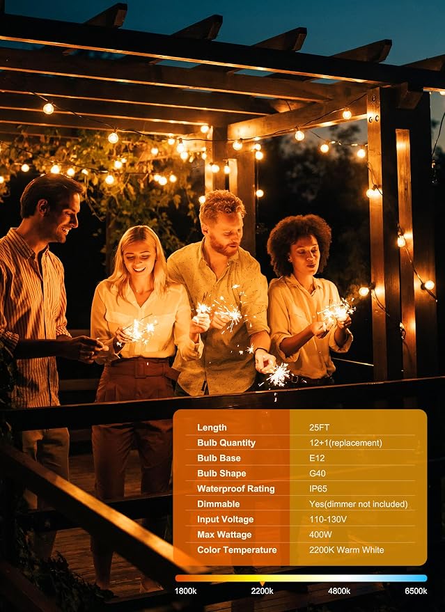 Outdoor String Lights, 25FT 12+1 G40 Bulbs Shatterproof Patio Lights | IP65 Waterproof Dimmable Hanging Connectable Globe LED Outdoor Lights for Backyard, Bistro, Porch, Deck, Balcony