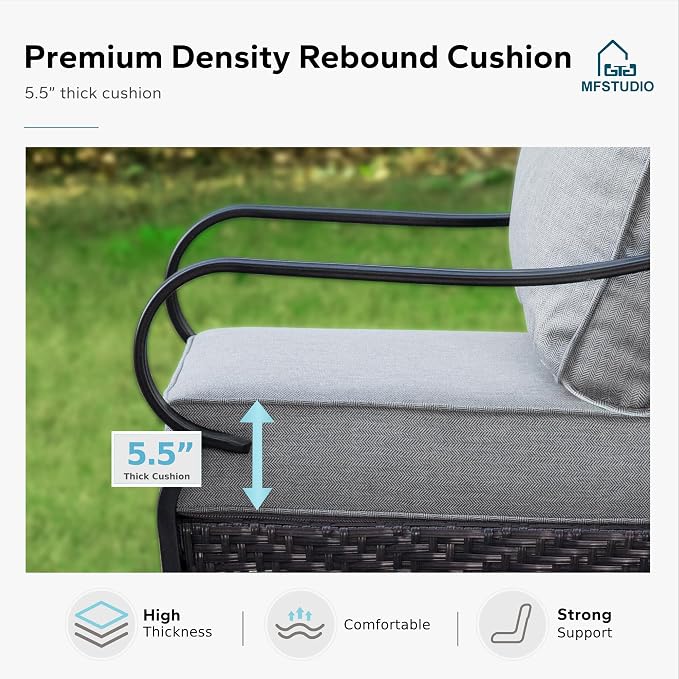 MFSTUDIO 4 Pieces Outdoor Patio Furniture Set, Metal Outdoor Conversation Set, Rattan Wicker Patio Sectional Sofa Set with 2 x Fixed Single Sofa, 3-Seat Sofa, 1 x Coffee Table, Grey