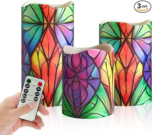 Remote Flameless Candles-Set of 3 Stained Glass LED Pillar Candles Battery Operated Candle with Timer, 4" 5" 6" for Home Window Shelf Decor