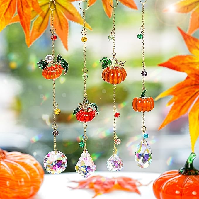 4pcs Fall Pumpkin Suncatchers Crystals Sun Catchers Indoor Window Hanging | Thanksgiving Christmas Tree Decoration for Farmhouse Harvest Autumn Home Party Decor,halloween decorations,gift for women mom
