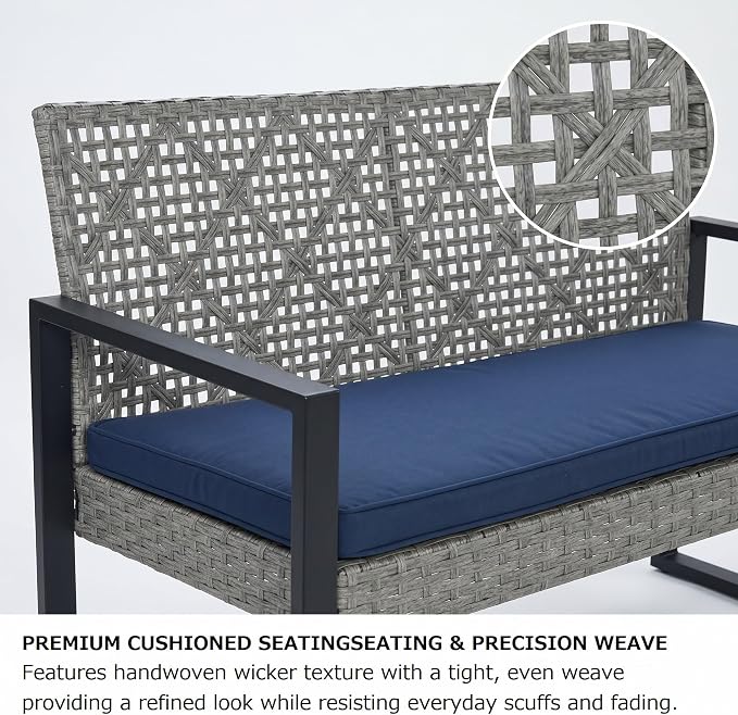 4 Pieces Patio Furniture Set Outdoor Furniture Set with Table, Wicker Patio Conversation Sets with Soft Cushion with 1 Spacious Souble Chair and 2 Single Chairs for Home, Garden, Lawn (Light Gray)
