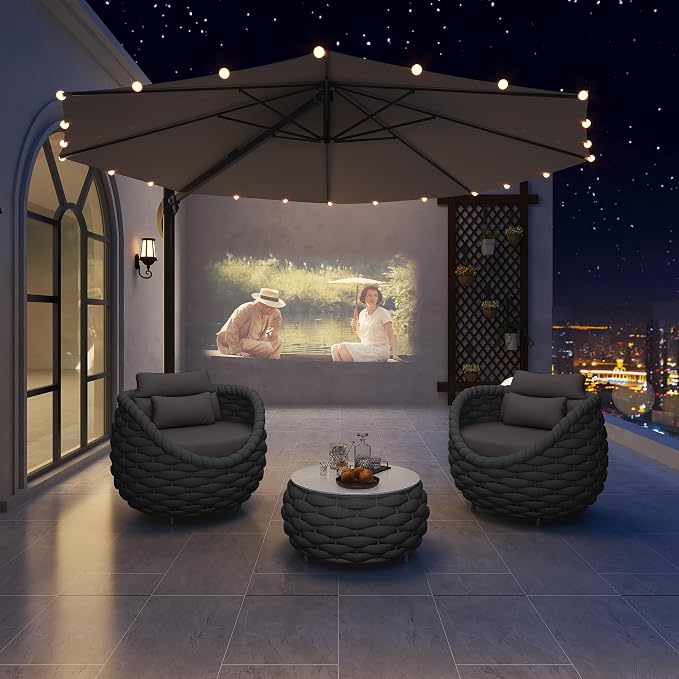 TWT Aluminum Modern Patio Set Three Seater Sofa Outdoor Furniture Set w/Coffee Table,Patio Conversation Set with Hand Woven Teslin Rope for Bedroom Backyard Poolside, Dark Grey