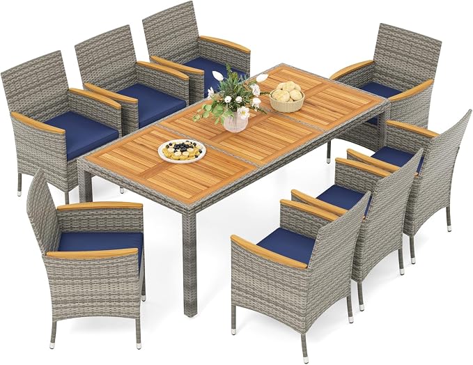 HAPPYGRILL 9 Pieces Patio Dining Set for 8, Outdoor Acacia Wood Table and Rattan Chairs with 2" Umbrella Hole, Cushions, Wicker Outdoor Dining Furniture Set for Backyard, Garden, Deck (Navy)