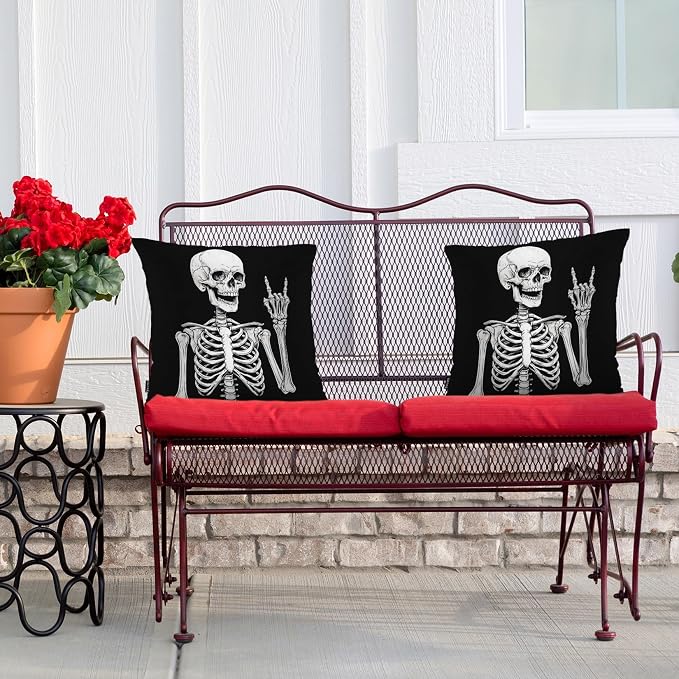 Swono Human Skeleton Throw Pillow Cases Pack of 2, Funny Human Skull Rock Music Square Cushion Covers Decor Pillow Covers for Couch Sofa Home Decoration 18 X 18 Inches Pillowcases, Black
