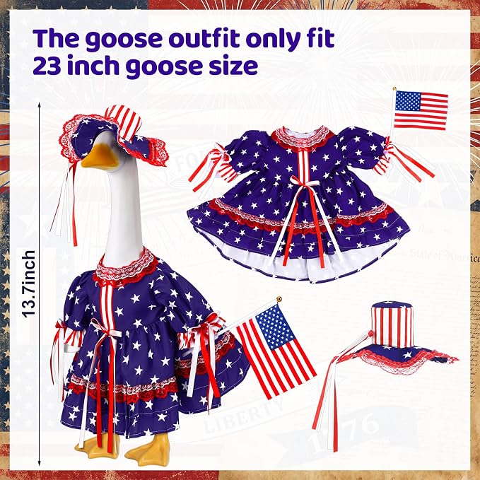 Outus 4th of July Porch Goose Outfit Includes Independence Day Dresses Clothes Hat and American Flag 23 Inch Patriotic Goose Porch Clothing for 4th of July 250th Anniversary Garden Yard Decoration