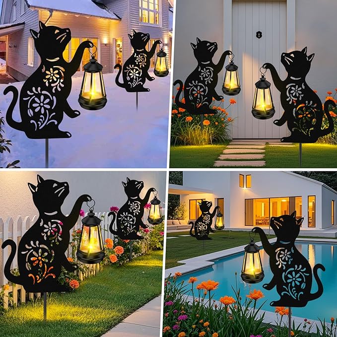 ZFNN Solar Garden Statues Cat Decor - Outdoor Metal Lantern Silhouette Stake, Waterproof Solar Lights for Yard Patio Lawn Pathway Art Decoration, Unique Gardening Gifts for Women Mom Cat Lovers