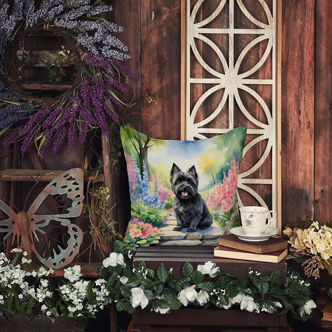Caroline's Treasures Cairn Terrier Spring Path Throw Pillow Machine Washable, Indoor Outdoor Decorative Pillow for Couch, Bed or Patio, 14Hx14W