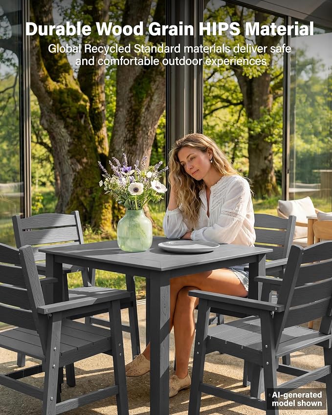 YEFU HIPS Outdoor Table and Chairs : Square Family-Friendly Patio Dining Sets - 5-Piece All-Weather Easy-Clean Outdoor Dining Set - Modern Furniture for Garden Deck Backyard Poolside（Grey）