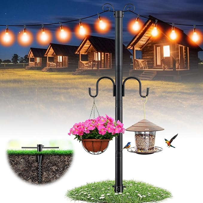10FT String Light Poles, 1.5 Inch Heavy Duty Poles for Outdoor String Lights with Shepherd Hook, 2 in 1 Light Pole with Anchor for Garden Backyard Patio Bistro Cafe