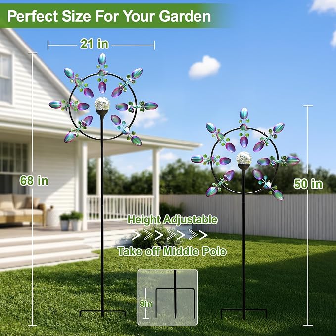 Large Peacock Solar Wind Spinner Outdoor - Metal Kinetic Sculptures with Color-Changing Glass Ball, Dual Direction Spinning Garden Art Decor, Waterproof Lighted Windmills for Patio, Yard, Lawn
