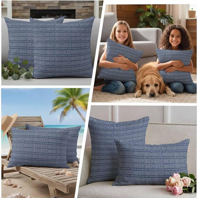 Outdoor Waterproof Throw Pillow Covers Set of 2 Stripes Grain Pillowcases 26x26 Inches Navy Blue Solid Color Decorative Pillows Cushion Case Patio Pillows for Couch Bed Chair Garden