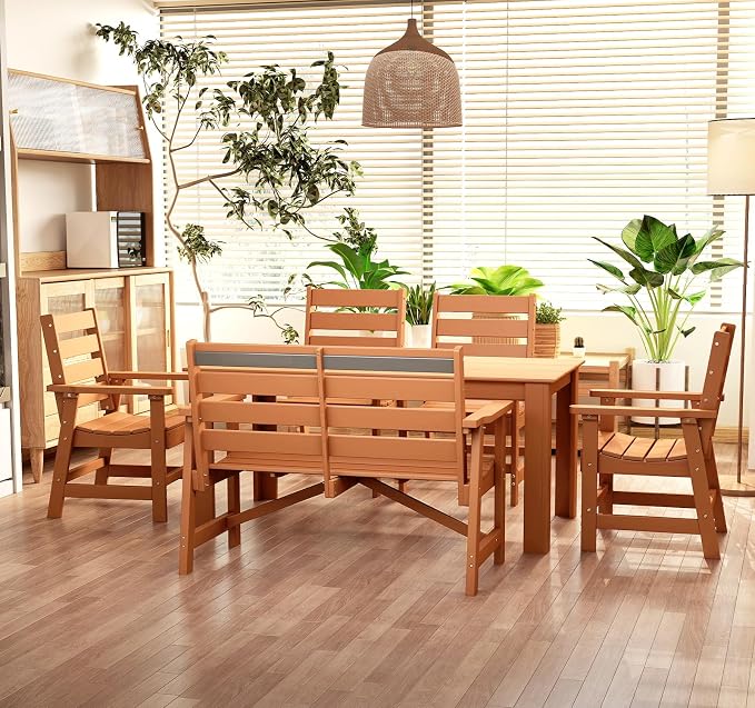 BRIOPAWS Outdoor-Dining-Table-Set | 6 Piece | HDPE | 1 Bench and 4 Chairs Sets for 6 | Patio Dinner Furniture | All Weather | Umbrella Hole | for Poolside Deck Backyard Outdoors | Teak