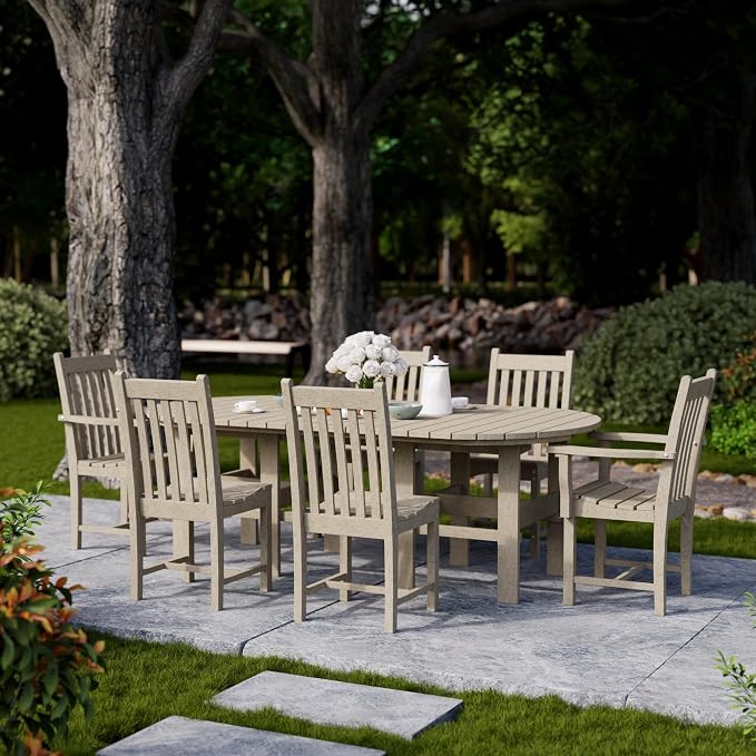 Wildridge Classic 7-Piece 44"x84" Dining Set, Weathered Wood - Outdoor Weather Resistant Recycled Plastic Furniture for Patio