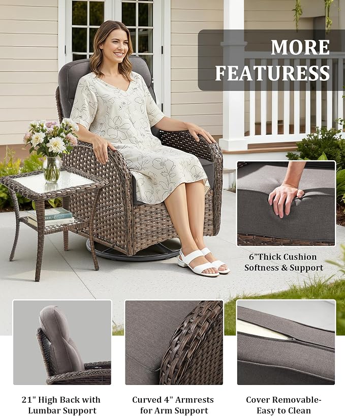 9-Piece Luxury Patio Furniture Set with 6-Inch Thick Cushions, High-Back Outdoor 4 Swivel Rocking Chairs with Wicker Side Table, All-Weather Conversation Set for Porch, Deck, Yard or Poolside – Gray