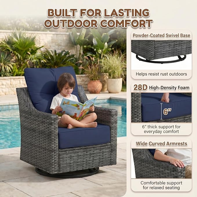 3-Piece Outdoor Patio Furniture Set, Grey Wicker Conversation Set with 2 Swivel Chairs and Side Table, 6-Inch Blue Olefin Cushions for Porch, Deck, Balcony