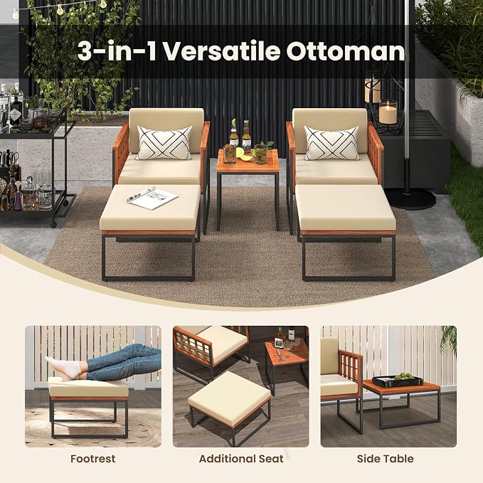 HAPPYGRILL 5 Pieces Patio Conversation Set Acacia Wood Outdoor Furniture Set with Chairs, Ottomans & Coffee Table, Soft Seat & Back Cushions, Patio Wood Chair Set for Backyard Poolside Garden