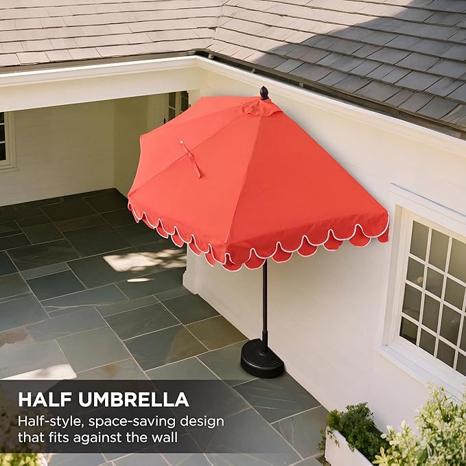 Eyely BMU1202 Noah 9 ft. Classic MidCentury Scalloped Fringe Market Patio Half Umbrella with Crank for Garden, Pool & Deck, Tilt Button and UV Protection