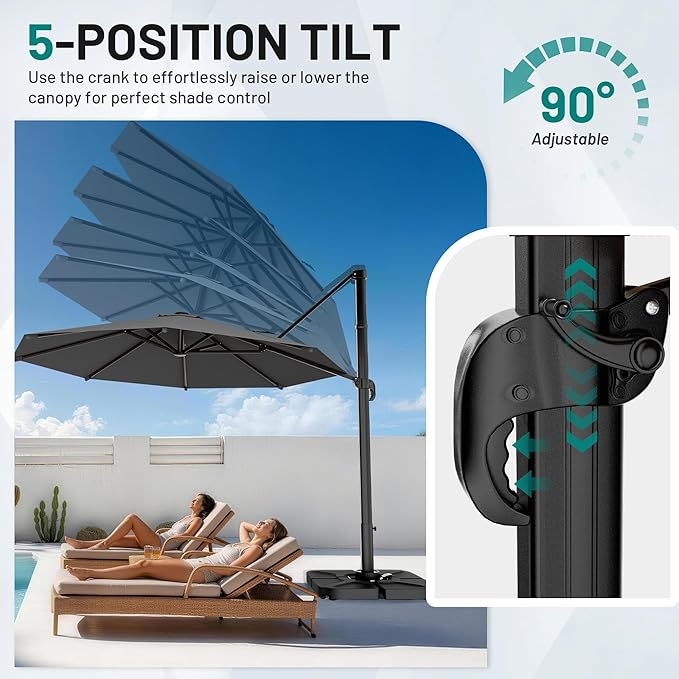 AreShark 10FT Cantilever Patio Umbrella, 360-Degree Rotation Round Hanging Offset Umbrella with Crank, Heavy Duty Patio Umbrella for Patio, Pool, Garden, Deck, Grey