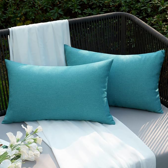 EMEMA Outdoor Waterproof Peacock Blue Pillow Covers 12x20 Inch Rustic Decorative Throw Pillow Covers Cushion Case Rectangle for Patio Sofa Couch Home Bed Farmhouse Car Decor Set of 2