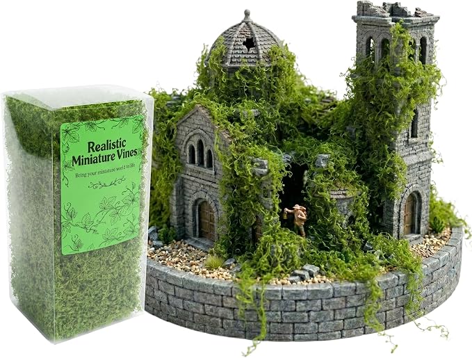 Realistic Miniature Vines - Hanging Moss Scenery for Diorama Supplies & Model Building - Mini Miniature Plants for Rainforest, Dollhouse, Fairy Gardens, Crafts DIY, Tabletop Wargaming (Natural Green)