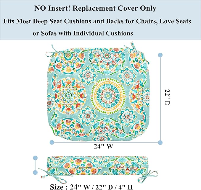 FUNHOME Patio Cushion Covers 24 x 22 x 4 Inch, No Insert! Water Repellent Outdoor Cushion Covers Set of 2 with Zipper and Tie, Replacement Cover Only(Cyan Circle)