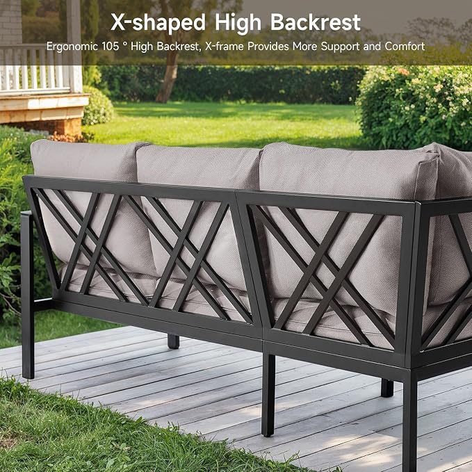 Patio Furniture Set, 6-piece Metal Sectional Furniture Sofa with Coffee Table, L Shaped Outdoor Couch with Olefin Cushion, Highback Frame, Outdoor Patio Conversation Sets for Balcony Backyard, Grey
