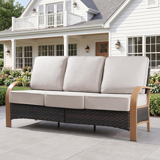 Belord Upgraded 6" Cushion Luxury 3-Seater Outdoor Couch, Wicker Patio Sofa with 6-Inch Thick Cushions, All Weather Rattan Conversation Set Furniture for Balcony Porch Deck Yard, Wood & Beige