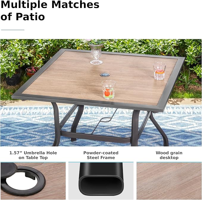 MFSTUDIO Outdoor Patio Dining Set for 4, Outdoor Patio Set with 37"x 37" Square Wood Grain Table, 4 Swivel Patio Chairs, Heavy Duty Outdoor Dining Table and Chairs for Patio Lawn Garden