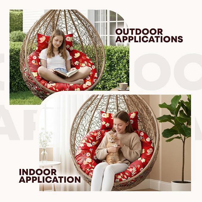 Outdoor 45" Round Egg Chair Cushion Replacement Waterproof Red Peony | Thicken Pad with Headrest Pillow, Hanging Swing Wicker Egg Chair Cushions, Suitable for Garden Office