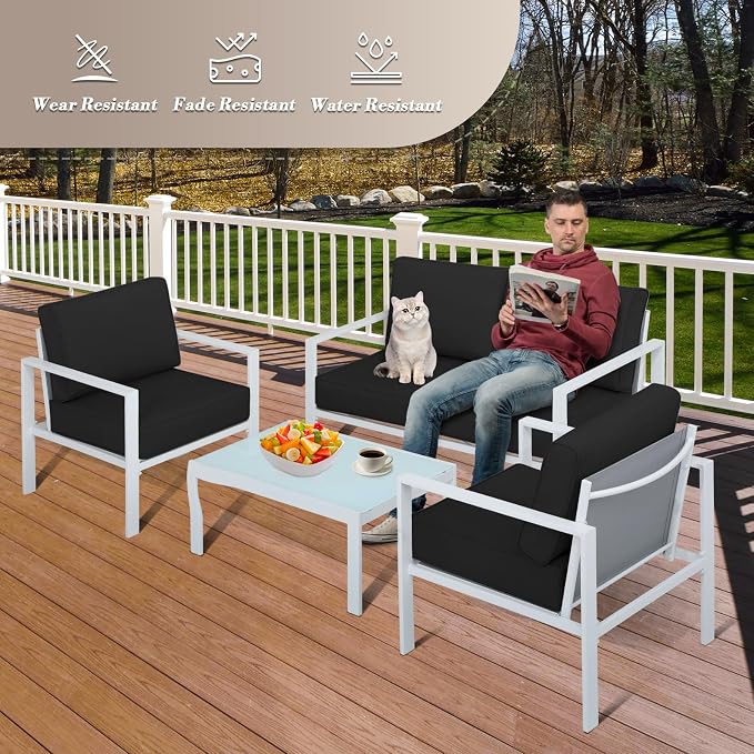 Athena Collection Patio Bistro Set Table and Chairs Set of 4, Outdoor Furniture Set Heavy Duty Conversation Sets Metal Loveseat with Upholstered Seat and Cushions, Black