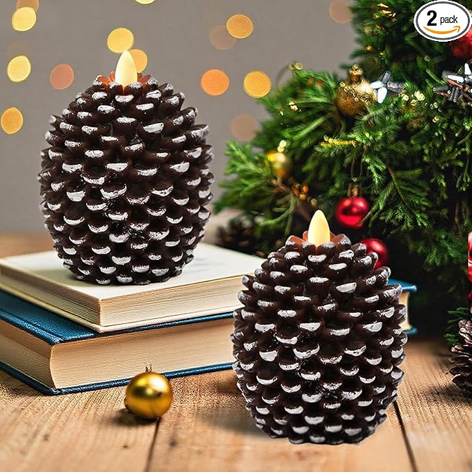 Wondise Flameless Candles with 6H Timer, Battery Operated Flickering Wick Real Wax Pine Cone Candles for Holiday Indoor Decoration, Set of 2, Brown(D3.5 x H4.7 Inch)