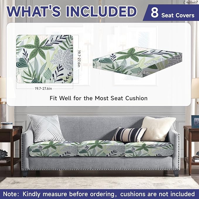 CALBODE 8 Pcs Stretch Outdoor Seat Cushion Covers, Washable Chair Seat Cover for Patio Furniture Cushions Soft Indoor and Outdoor Couch Cover Replacement (Green Leaves, Cover Only)