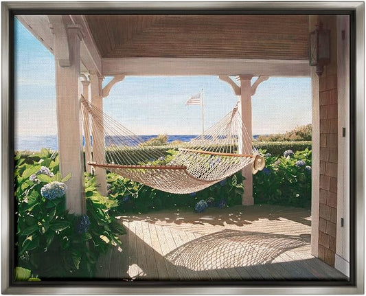 'Tranquil Hammock Warm Sunlit Porch Rural'| Floating Frame Canvas Art | Stupell Industries | Gray, 21 x 17 Inches, Easy to Hang and Sturdy, Made in USA, by Tom Mielko