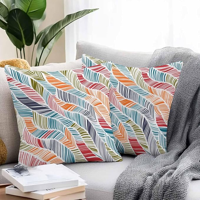 Vandarllin Outdoor Throw Pillows Covers 26x26 inch Set of 2 Waterproof Summer Beach Decorative Zippered Cushion Covers for Patio Furniture, Orange Blue Abstract Leaf Lines Lumbar Pillowcases