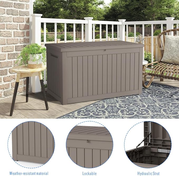 230 Gallon Outdoor Deck Boxes, IP68 Waterproof Outdoor Storage Box with Hydraulic Lid Support, Outside Resin Container for Furniture, Toy, Shoe, Garden & Patio Tools Storage -Brown