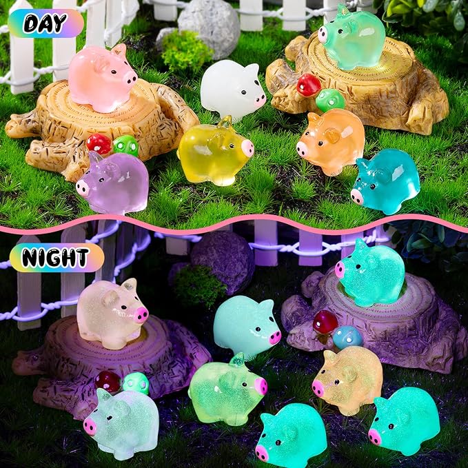 76PCS Luminous Mini Resin Pigs Miniature Pigs Figurines Cute Tiny Pig | Miniature Pigs Animals Figurines Glow in The Dark, Micro Garden Landscape, Dollhouses DIY, Birthday Party Decor