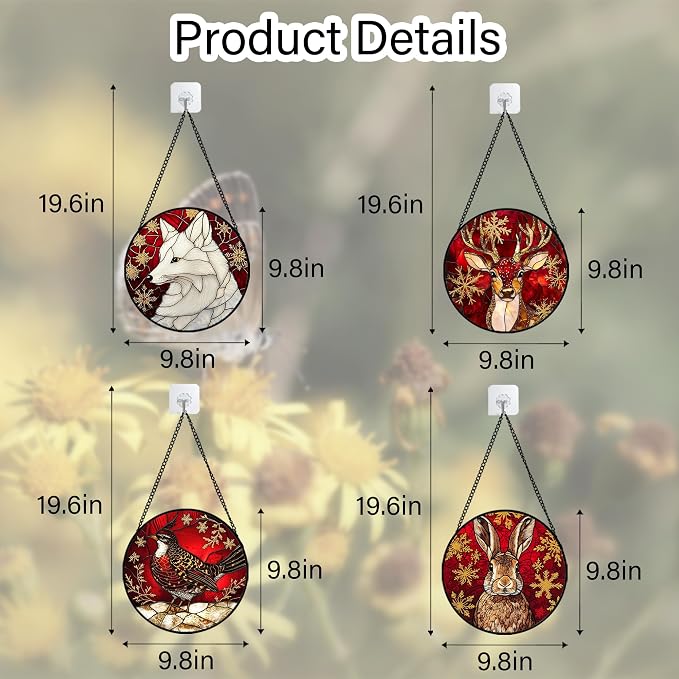 DASTOLL Stained Glass Window Hanging 4 Pcs Set Red Golden Snowflakes 9.8" - Christmas Elk Rabbit Suncatcher Door Garden Sun Catcher Decor Birthday for Mom Woman Nana Men