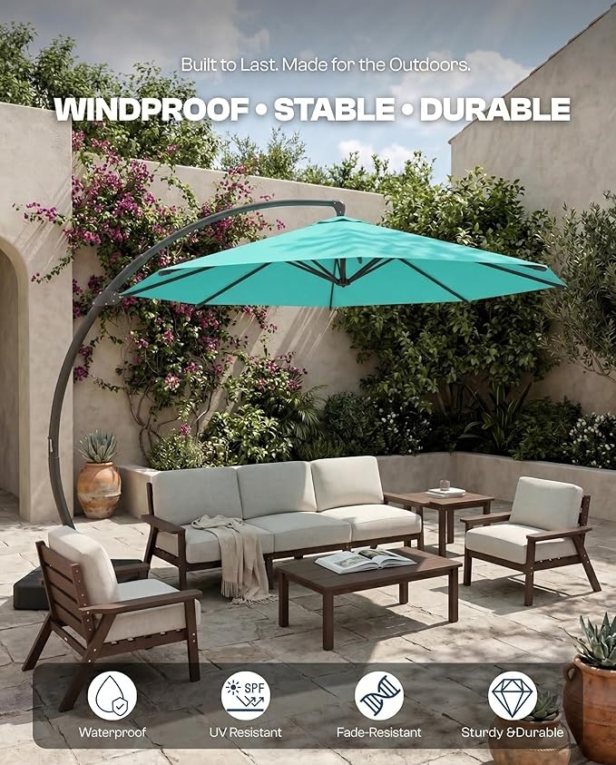 11 FT Cantilever Umbrella with Base Included, Large Round 360° Rotation Offset Umbrella Outdoor Patio, Heavy Duty Aluminum Frame, Sand-Weighted Stand, for Deck, Backyard, Pool, Garden (Turquoise Blue)