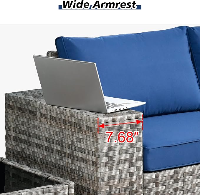 HOOOWOOO Outdoor Patio Sectional Furniture Sofa Set with Propane Gas Fire Pit Table,7 Piece Small Modern Wicker Couch with Widened Armrest,Modular Conversation Seating Set for Out Door(Navy Blue)