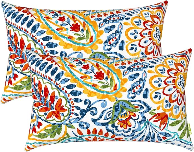 LVTXIII Set of 2 Patio Lumbar Pillows, 12”x20” Fade Resistant Outdoor Lumbar Pillow with Inners, Fluffy Decorative Garden Lumbar Cushions for Home Patio Coach Sofa Use, Paisley Multi