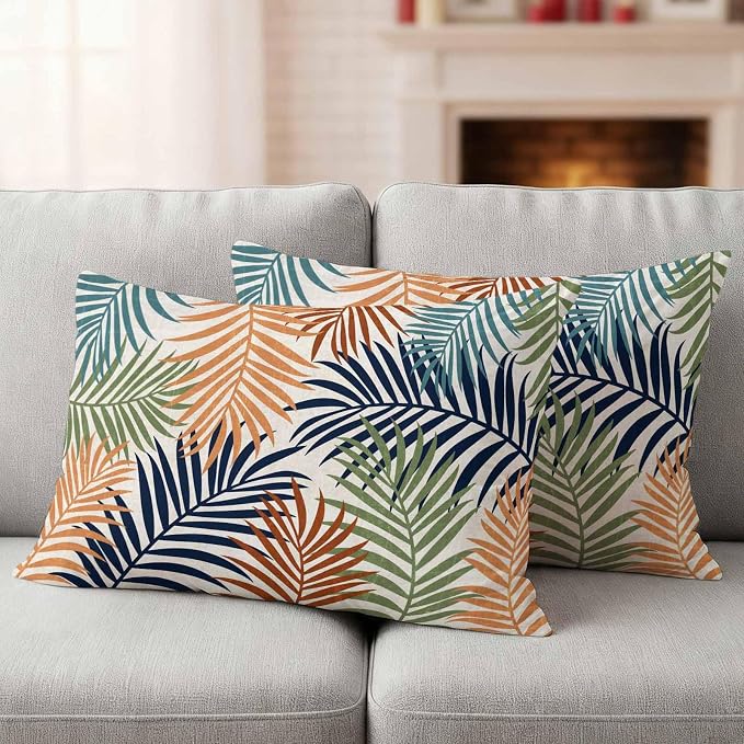 Outdoor Waterproof Throw Pillow Covers, Colorful Palm Leaves Decorative Pillow Cases, Summer Botanical Tropical Leaf Couch Pillow Protector Patio Sofa Cushion Covers Replacement 20"x12" 2 Pack