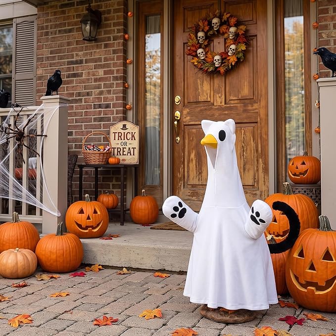Halloween Goose Outfit Porch Cat Ghost Goose Clothes Yard Silly Lawn Duck Shirt for Autumn Halloween Party Cement Plastic Duck 23'' Porch Style