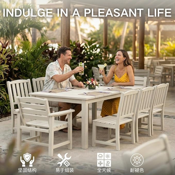 Kingdura 7 Piece Patio Dining Set for 6, 75.2'' HDPE Outdoor Dining Table Set with 2" Umbrella Hole, Weather-Resistant Outdoor Furniture, Table and Chairs Set for Backyard Pool Garden, White