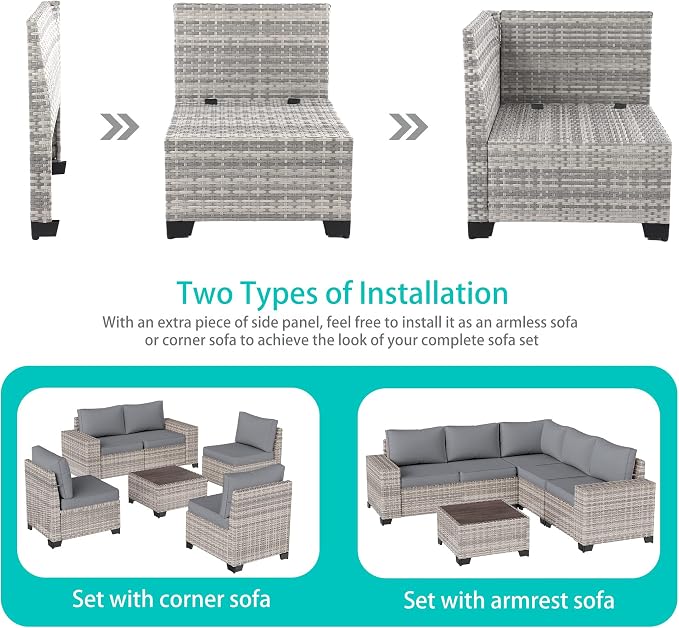 12-Piece Outdoor Patio Furniture Set Wicker Sectional Sofa Set, Patio Conversation Set with Thickened Cushions & Side Table for Patio, Garden, Backyard, Grey
