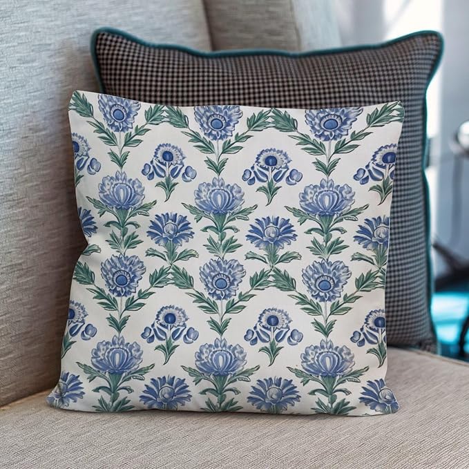 Mughal Flower Cushion Cases Blue Lotus Floral Cushion Cases 24x24 INRetro Accent Farmhouse Decor Pillow for Sofa Patio Couch