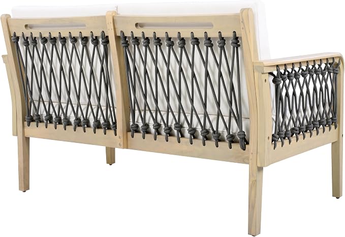 VilroCaz 4-Piece Acacia Wood Outdoor Patio Furniture Set with Loveseat, 2 Club Chair& Coffee Table, All-Weather Conversation Sofa Set with Rope Woven Armrests, Removable Cushions (Light Teak-N5)