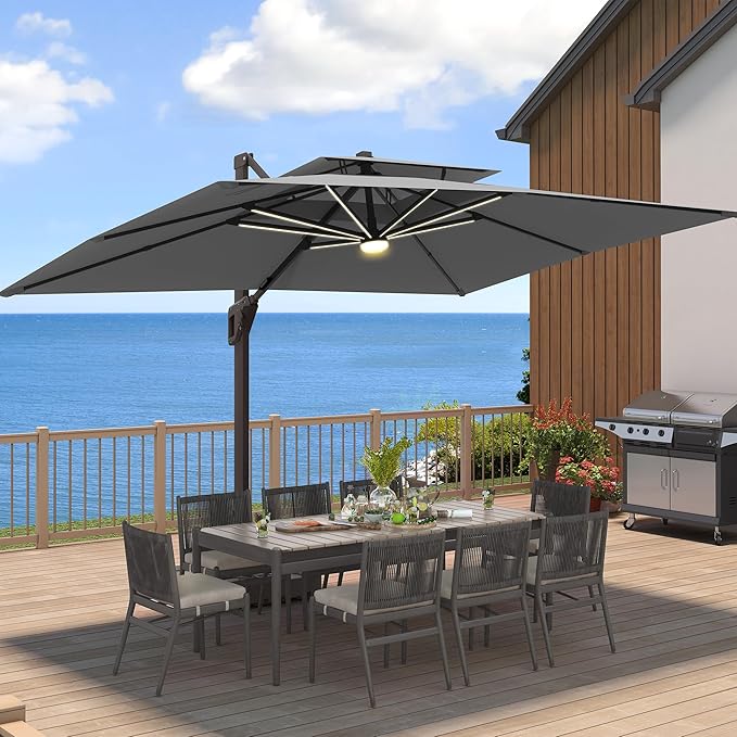 9 X 12 FT Cantilever Outdoor Patio Umbrella with Led Lights Heavy Duty Windproof Double Top Large Rectangle Offset Umbrellas with 360-degree Rotation for Garden Pool Deck Backyard, Grey