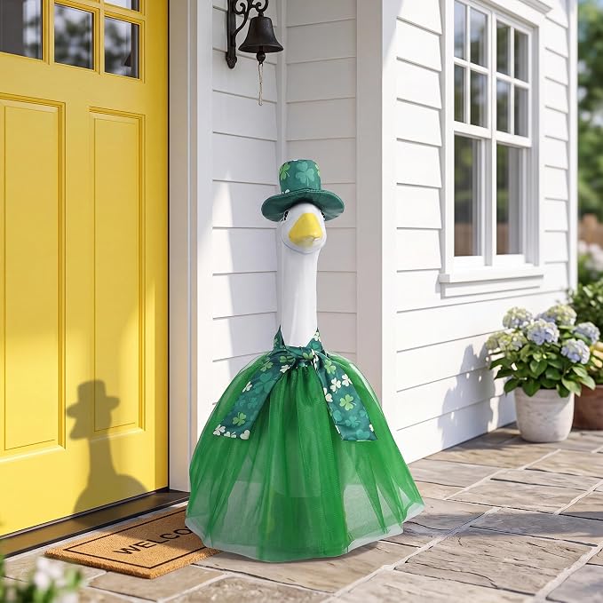 Summer Porch Goose Outfit Set with Floral Dress & Hat for 23" Goose Statue (Green)