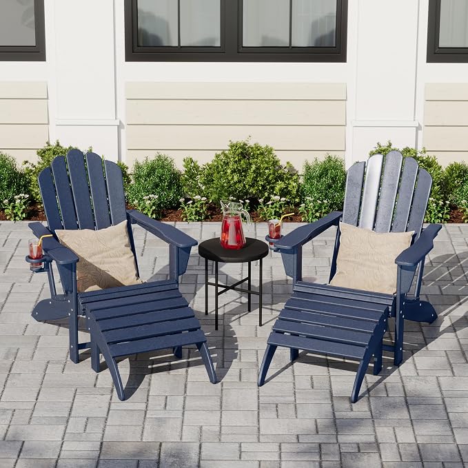 Costaelm Lakeview 4-Piece Outdoor Patio HDPE Adirondack Chairs with Ottomans and Cup Holder Set, Navy Blue